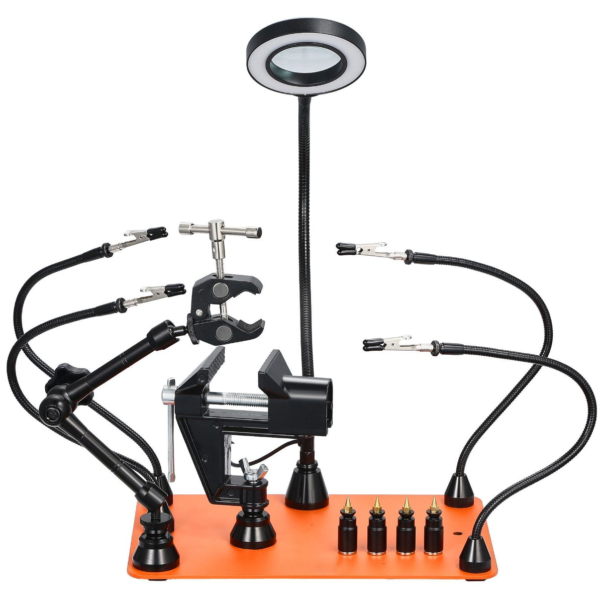 Magnetic Helping Hands Soldering Station, 4 Arms Third Hand Tool, with Vise, 3X LED Magnifying Lamp, 4 PCB Holder & 360 Hot Air Gun Holder, Soldering Helper for Electronic Repair Craft Hobby DIY