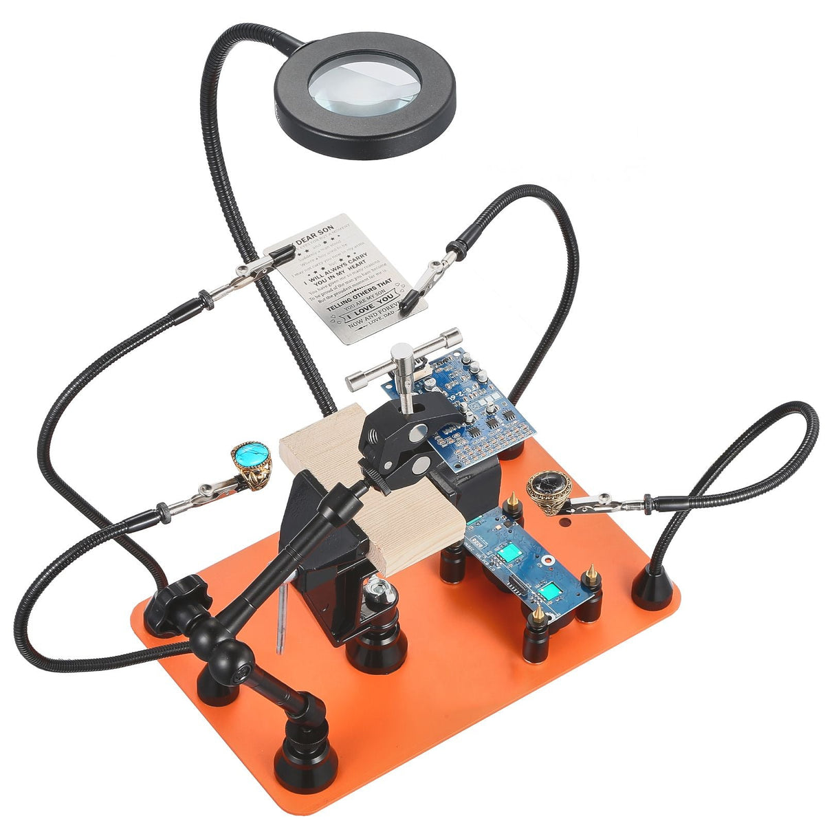 Magnetic Helping Hands Soldering Station, 4 Arms Third Hand Tool, with Vise, 3X LED Magnifying Lamp, 4 PCB Holder & 360 Hot Air Gun Holder, Soldering Helper for Electronic Repair Craft Hobby DIY