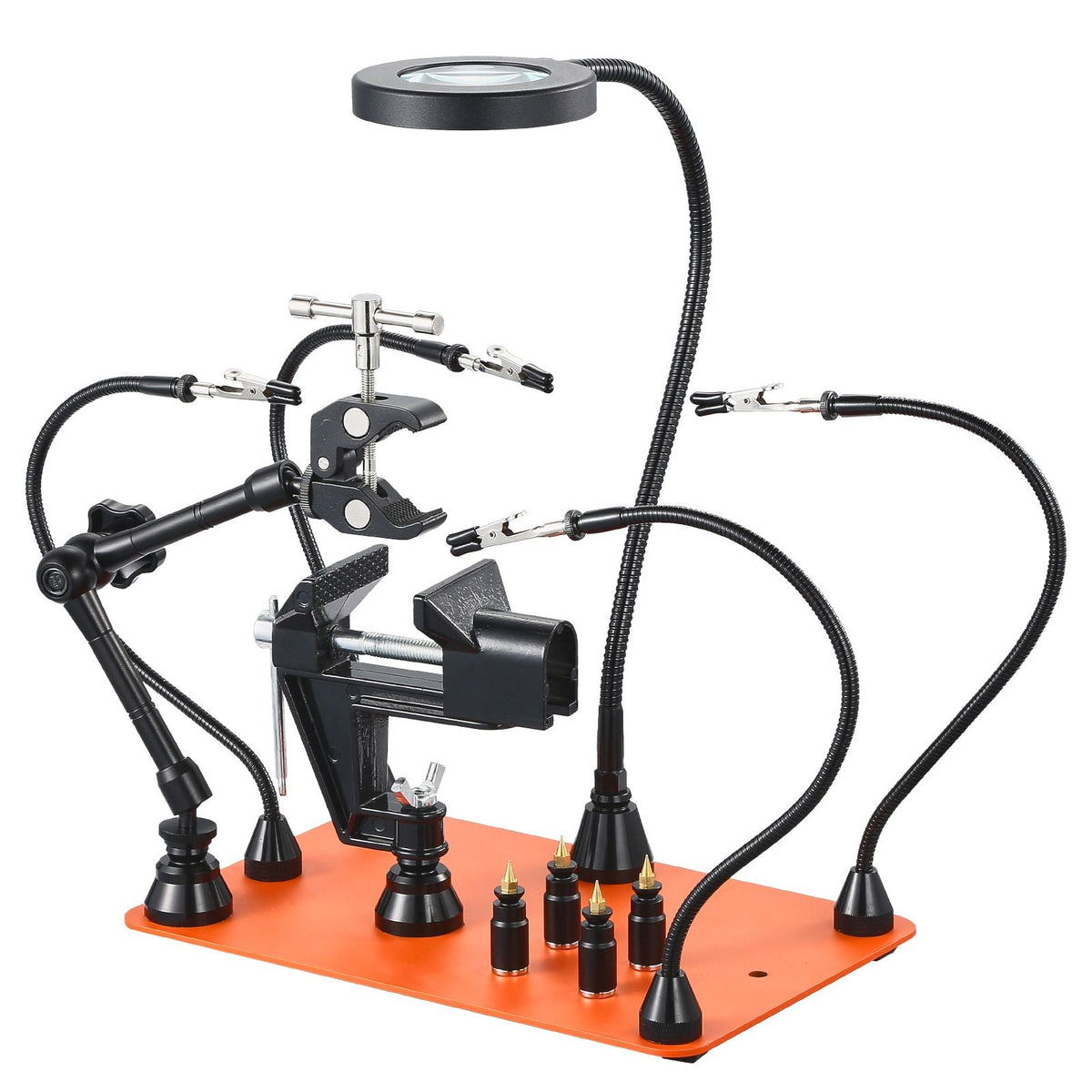 Magnetic Helping Hands Soldering Station, 4 Arms Third Hand Tool, with Vise, 3X LED Magnifying Lamp, 4 PCB Holder & 360 Hot Air Gun Holder, Soldering Helper for Electronic Repair Craft Hobby DIY