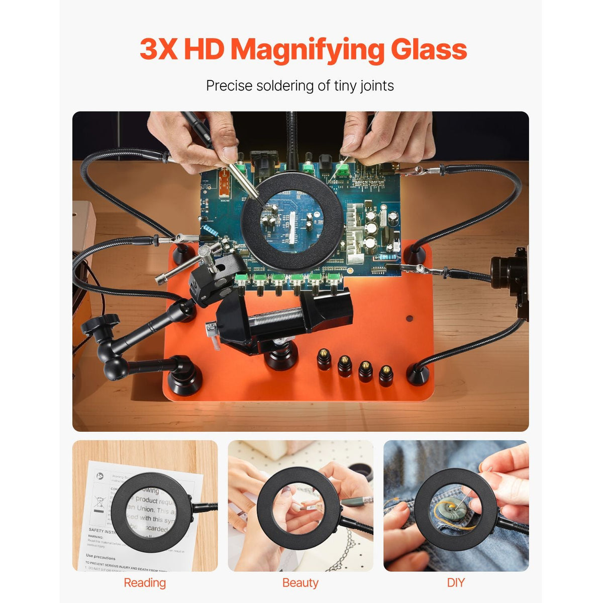 Magnetic Helping Hands Soldering Station, 4 Arms Third Hand Tool, with Vise, 3X LED Magnifying Lamp, 4 PCB Holder & 360 Hot Air Gun Holder, Soldering Helper for Electronic Repair Craft Hobby DIY