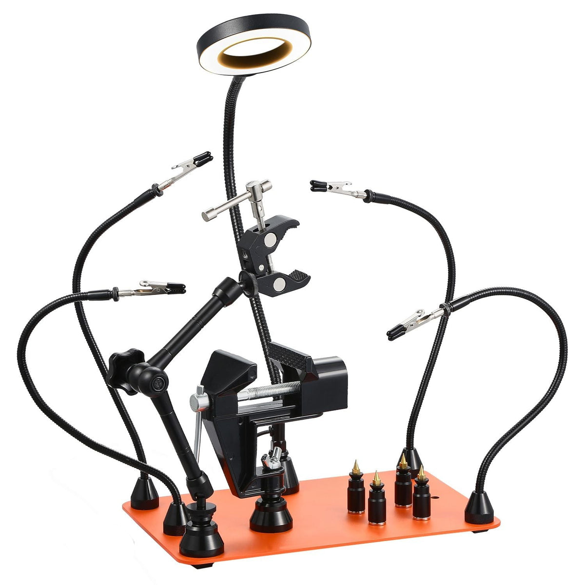 Magnetic Helping Hands Soldering Station, 4 Arms Third Hand Tool, with Vise, 3X LED Magnifying Lamp, 4 PCB Holder & 360 Hot Air Gun Holder, Soldering Helper for Electronic Repair Craft Hobby DIY
