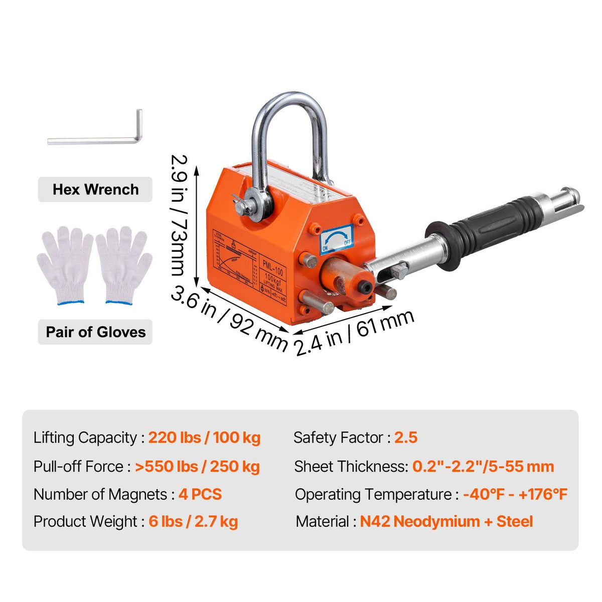 Magnetic Lifter, 220 lbs/100 kg Pulling Capacity, 2.5 Safety Factor, Neodymium & Steel, Lifting Magnet with Release, Permanent Lift Magnets, Heavy Duty Magnet for Hoist, Shop Crane, Block, Board