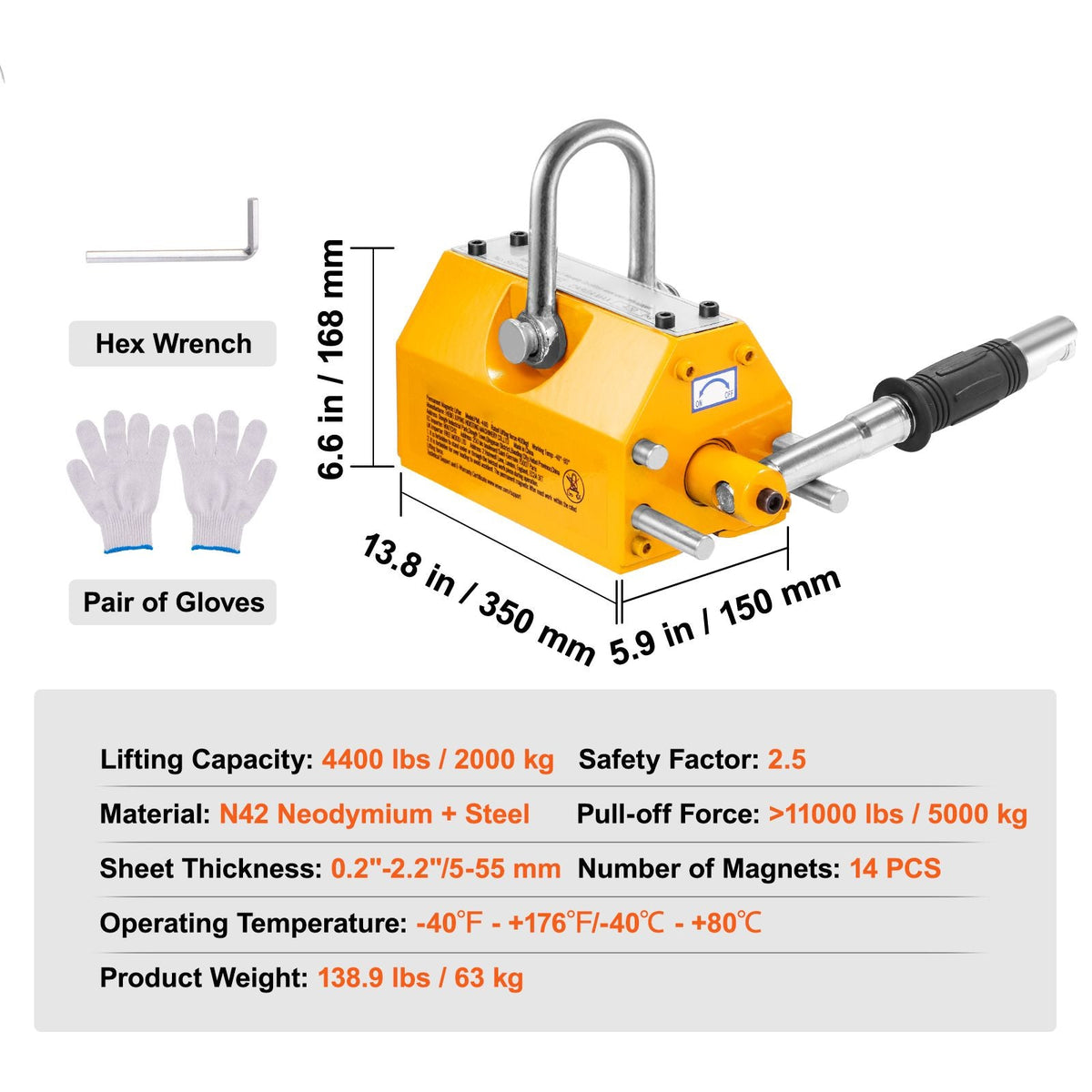 Magnetic Lifter, 4400lbs/2000kg Pulling Capacity, 2.5 Safety Factor, Neodymium & Steel, Lifting Magnet with Release, Permanent Lift Magnets, Heavy Duty Magnet for Hoist, Shop Crane, Block, Board