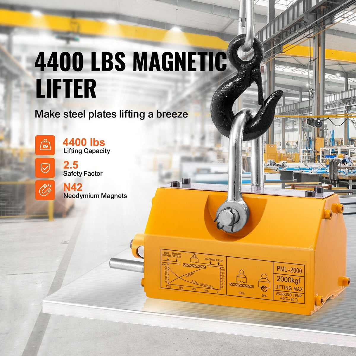 Magnetic Lifter, 4400lbs/2000kg Pulling Capacity, 2.5 Safety Factor, Neodymium & Steel, Lifting Magnet with Release, Permanent Lift Magnets, Heavy Duty Magnet for Hoist, Shop Crane, Block, Board
