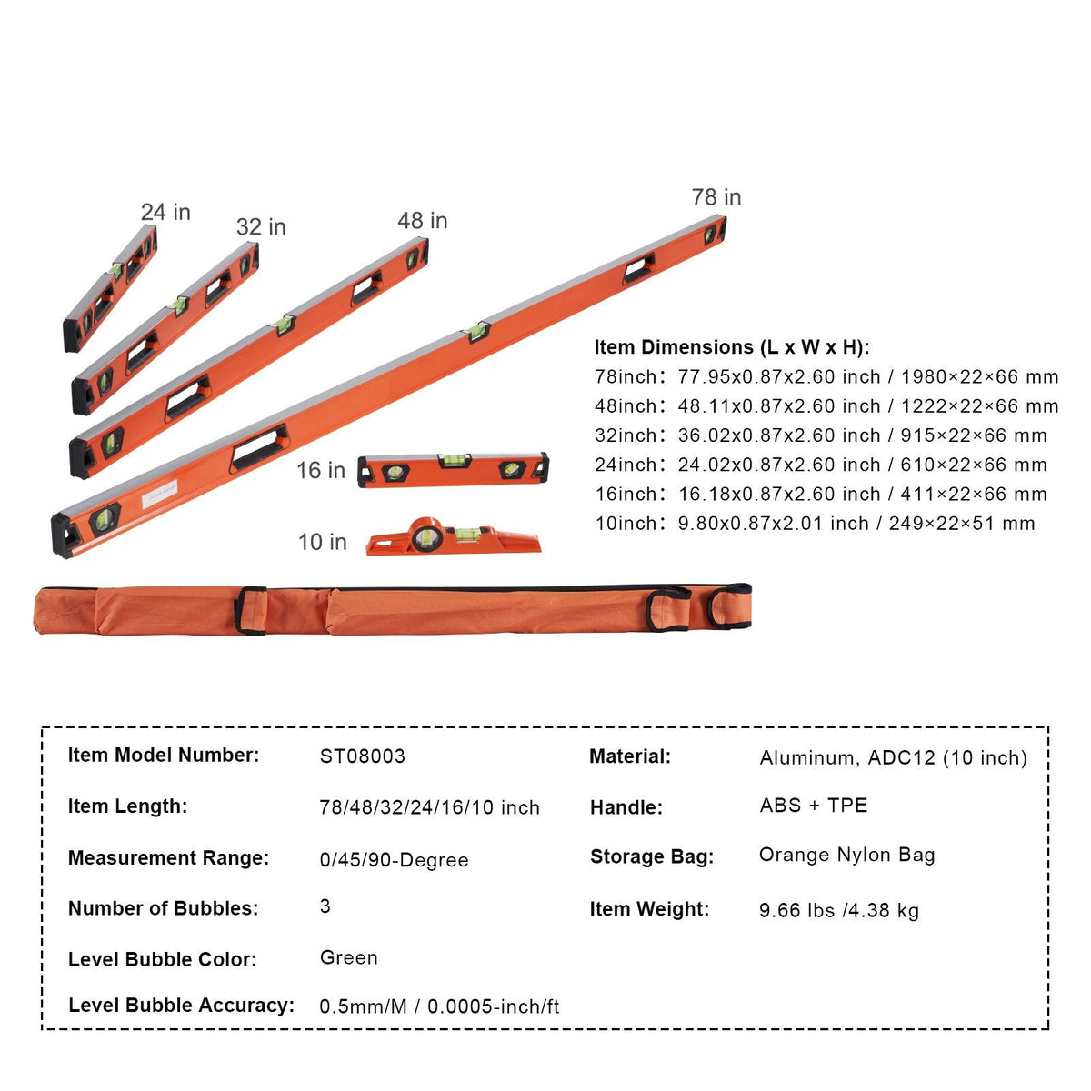 Magnetic Torpedo Level, 78/48/32/24/16/10 in Mechanical Level Set, Bubble Vials Ruler for 45/90/180 Degree, Aluminum Alloy Leveler Tool w/ Viewing Window, Shock-Resistant for Plumbing, Wood