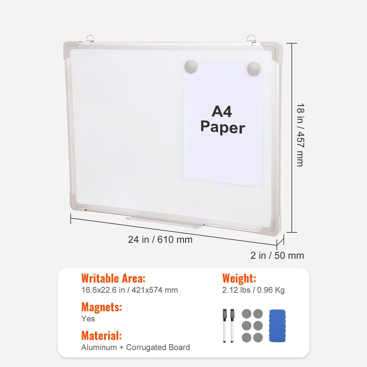 Magnetic Whiteboard, 24 x 18 Inches, Dry Erase Board for Wall with Aluminum Frame, White Board Includes 1 Magnetic Erase & 2 Dry Erase Marker & Movable Tray for Office Home Restaurant and School