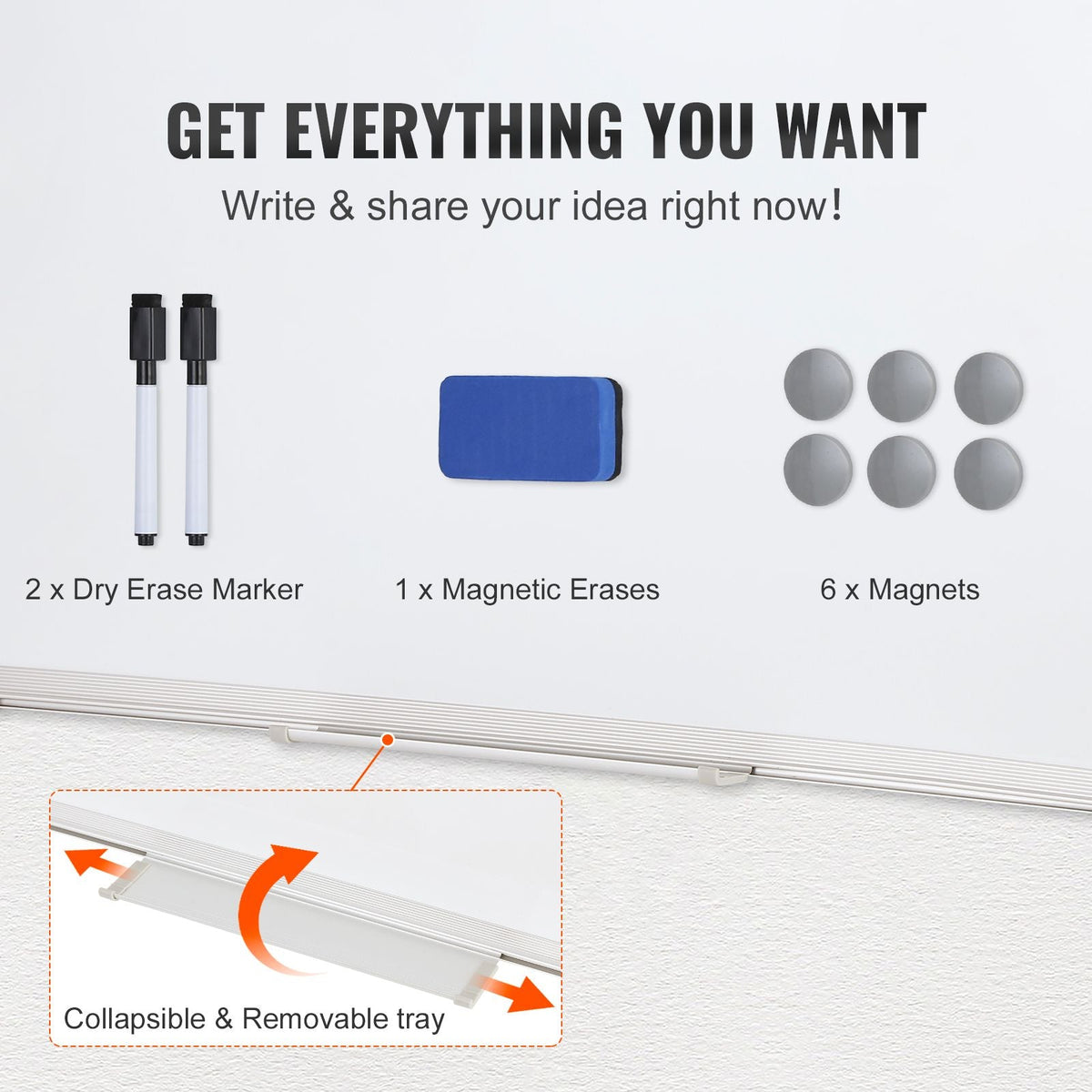 Magnetic Whiteboard, 24 x 18 Inches, Dry Erase Board for Wall with Aluminum Frame, White Board Includes 1 Magnetic Erase & 2 Dry Erase Marker & Movable Tray for Office Home Restaurant and School