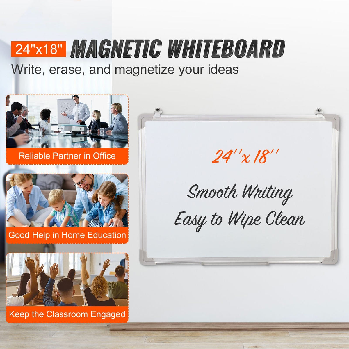 Magnetic Whiteboard, 24 x 18 Inches, Dry Erase Board for Wall with Aluminum Frame, White Board Includes 1 Magnetic Erase & 2 Dry Erase Marker & Movable Tray for Office Home Restaurant and School