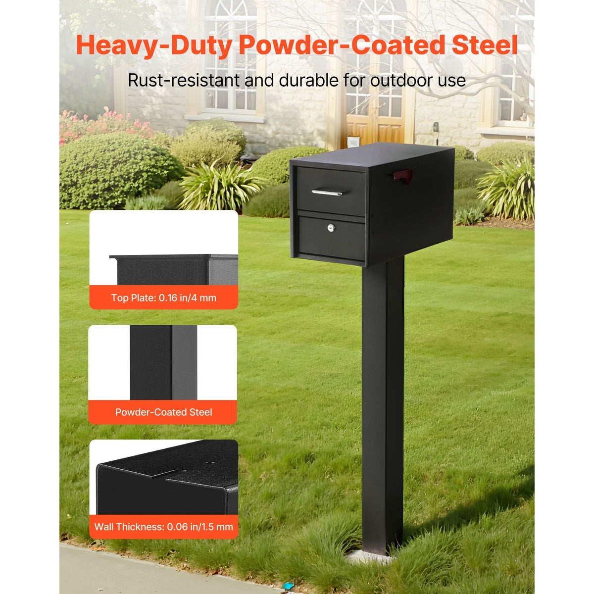 Mailbox Post, 43 x 4 x 4 Inches, Steel In-Ground Mounting Mail Box Stand with Powder Coating Surface, Heavy Duty Metal Post Sleeve Kit for Outside Curbside Residential Use, Easy Install, Black