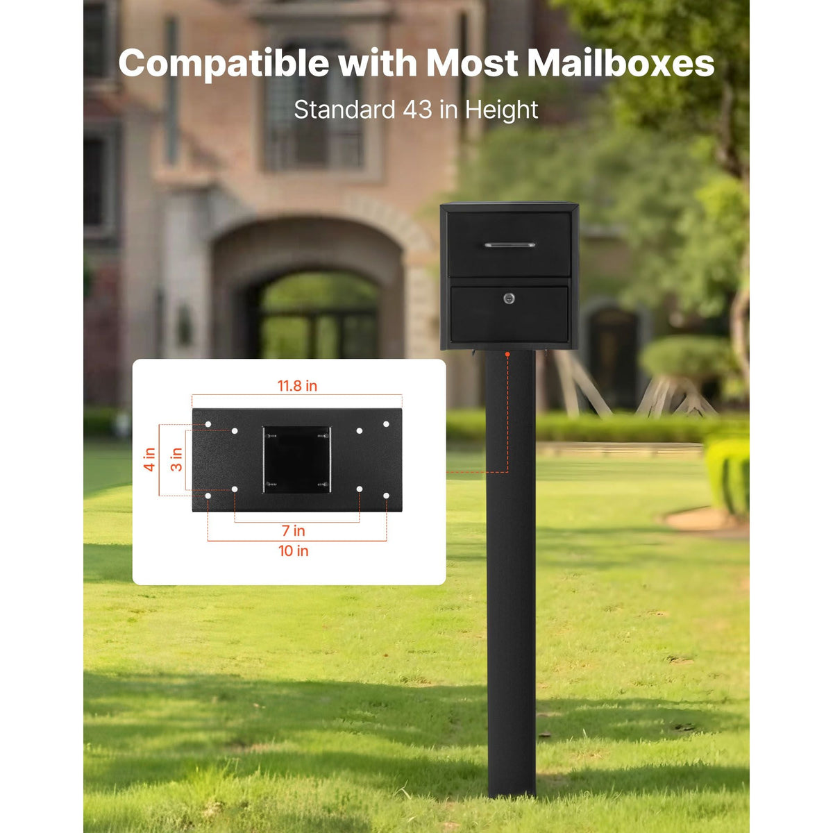 Mailbox Post, 43 x 4 x 4 Inches, Steel In-Ground Mounting Mail Box Stand with Universal Plate Bracket, Heavy Duty Metal Post Sleeve Kit for Outside Curbside Residential Use, Powder Coated Black
