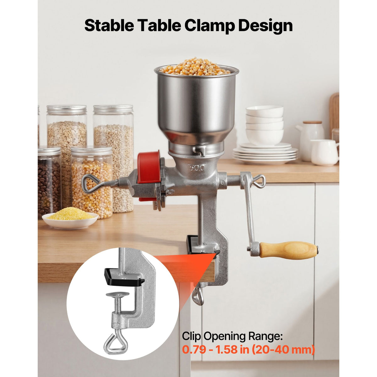 Manual Grain Mill with High Hopper, Hand-Crank Corn Grinder, Heavy Duty Cast Iron Wheat Grinding Mill with Stable Table Clamp & Dust Cover for Grains Spices Coffee Beans Nuts