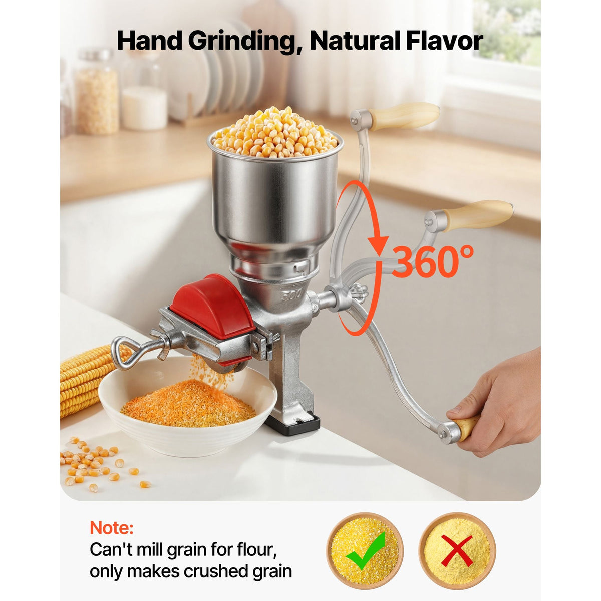 Manual Grain Mill with High Hopper, Hand-Crank Corn Grinder, Heavy Duty Cast Iron Wheat Grinding Mill with Stable Table Clamp & Dust Cover for Grains Spices Coffee Beans Nuts