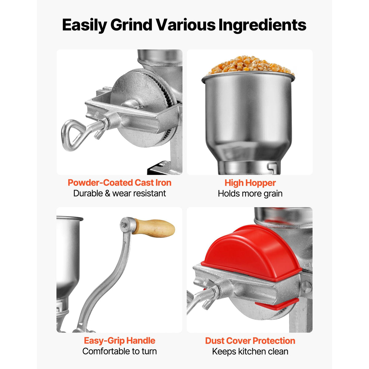 Manual Grain Mill with High Hopper, Hand-Crank Corn Grinder, Heavy Duty Cast Iron Wheat Grinding Mill with Stable Table Clamp & Dust Cover for Grains Spices Coffee Beans Nuts