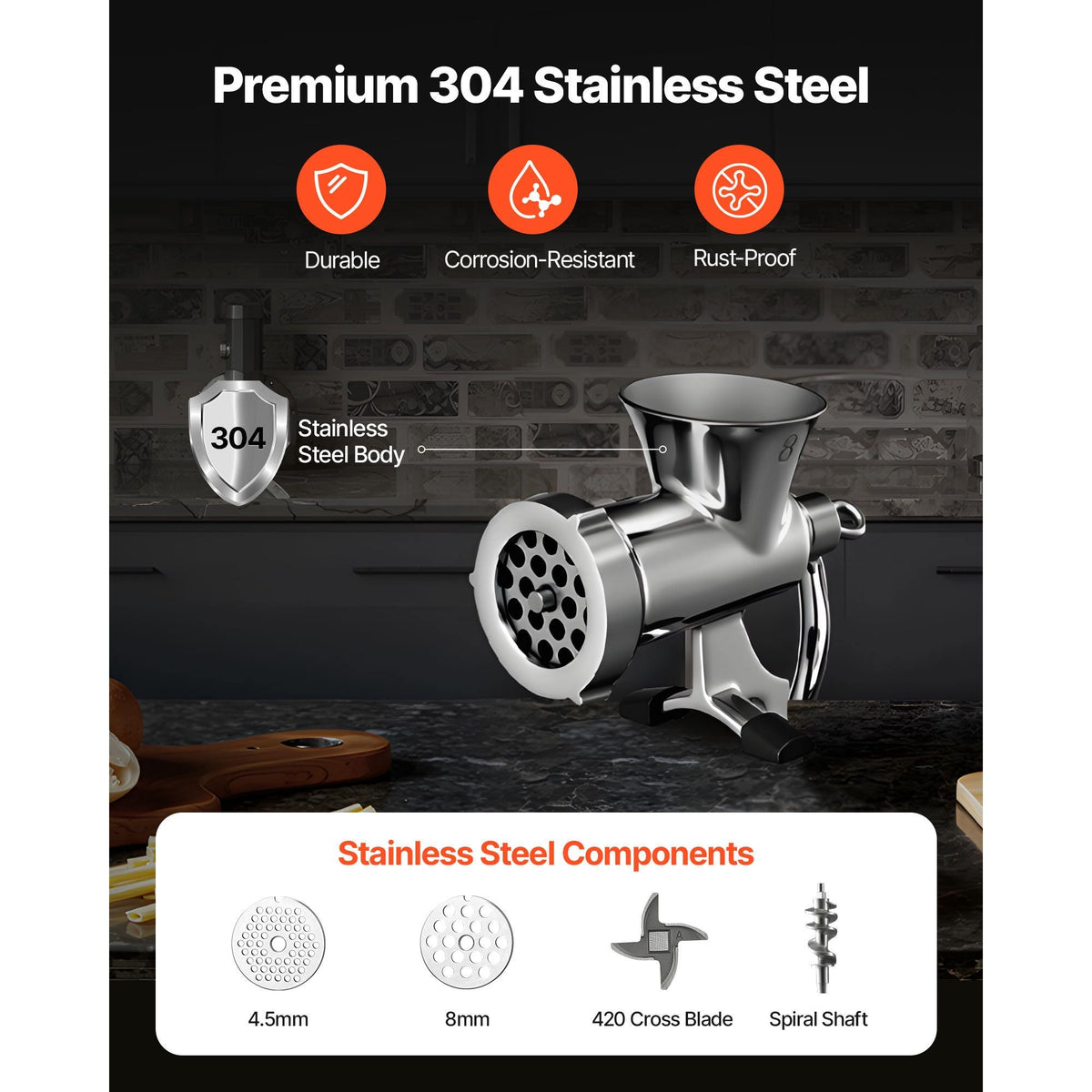 Manual Meat Grinder, 304 Stainless Steel Hand Crank Meat Mincer with Steel Table Clamp, Sausage Stuffer with 2 Cutting Plates & Sausage Tube, Food Grinder for Beef Chili Pork Kitchen Tabletop