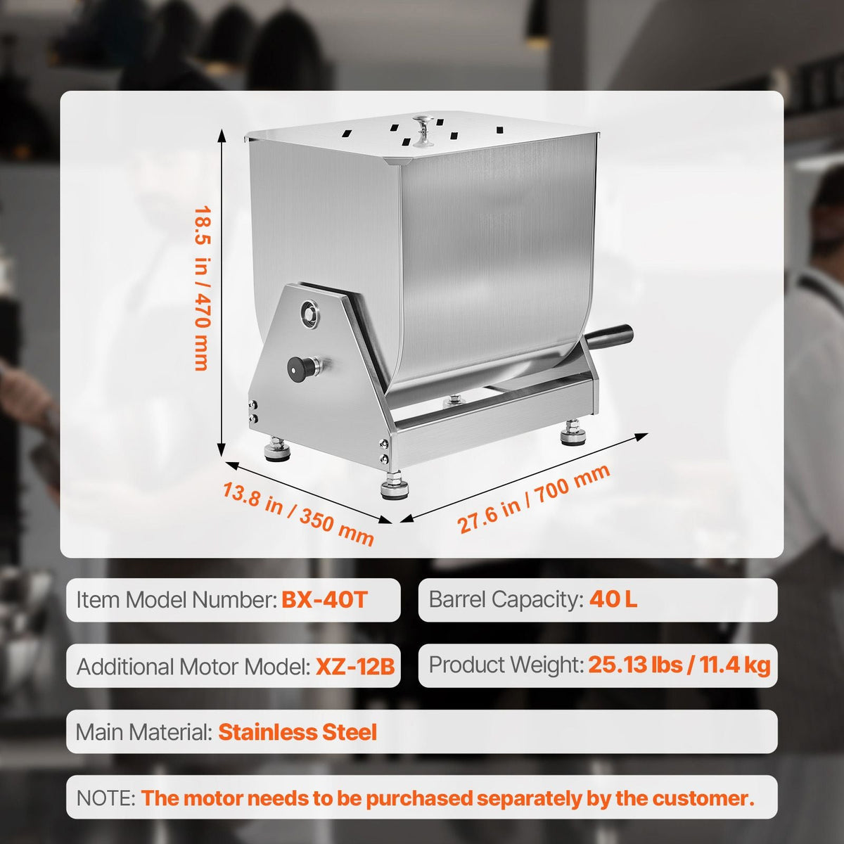 Manual Meat Mixer, 40L Tilt Tank Meat Processing Equipment(Mixing Max 40L for Meat), Stainless Steel Meat Mixer, Sausage Mixer Machine with Lid Handle Gear Reducer, Ground Beef Hand Mixer