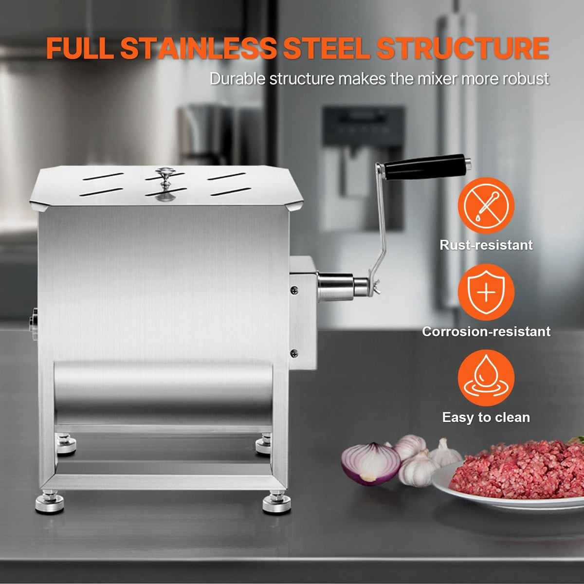 Manual Meat Mixer, 60L Fixed Tank Meat Processing Equipment(Mixing Max 120LBS for Meat), Stainless Steel Meat Mixer, Sausage Mixer Machine with Lid Handle Gear Reducer, Ground Beef Hand Mixer