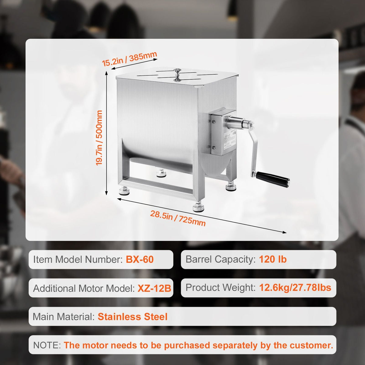 Manual Meat Mixer, 60L Fixed Tank Meat Processing Equipment(Mixing Max 120LBS for Meat), Stainless Steel Meat Mixer, Sausage Mixer Machine with Lid Handle Gear Reducer, Ground Beef Hand Mixer
