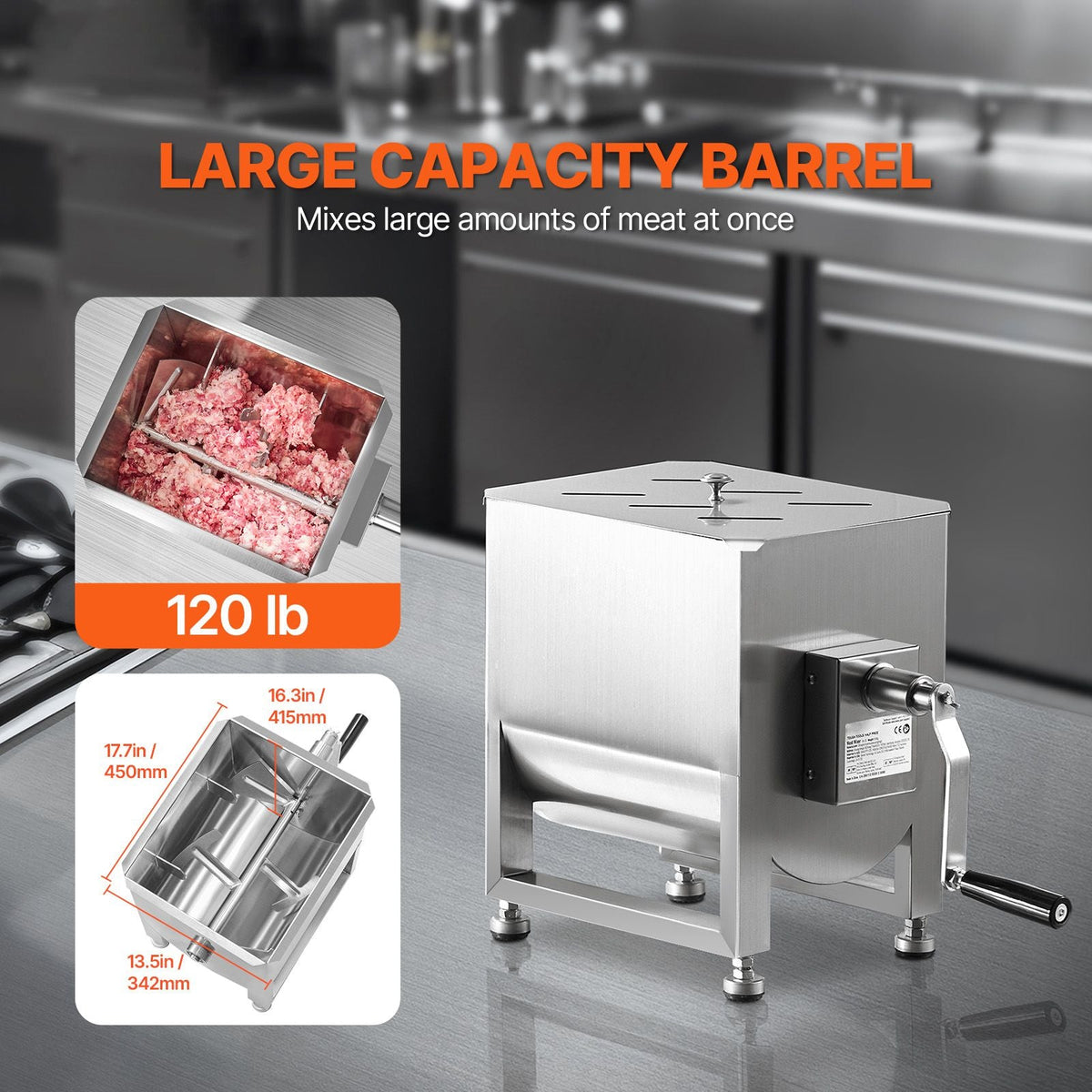 Manual Meat Mixer, 60L Fixed Tank Meat Processing Equipment(Mixing Max 120LBS for Meat), Stainless Steel Meat Mixer, Sausage Mixer Machine with Lid Handle Gear Reducer, Ground Beef Hand Mixer