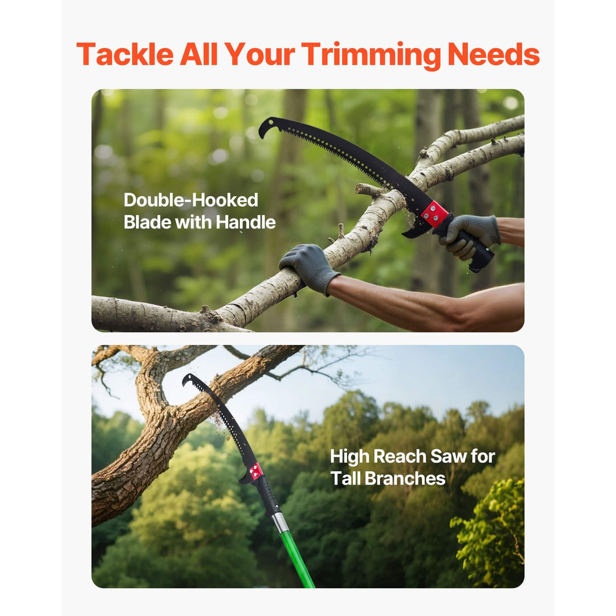 Manual Pole Saw, 3.87-27 ft Extendable Pole Tree Pruner, Sharp 65Mn Steel Blade, Lightweight Fiberglass Handle Pole, Double-Hook Saw for High Branch Trimming, Pruning Tool for Palms, Shrubs