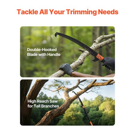 Manual Pole Saw, 4.46-26.4 ft Extendable Tree Pruner, Sharp 65Mn Steel Blade, Lightweight Fiberglass Handle Pole, Two Double-Hook Saws for High Branch Trimming, Pruning Tool for Palms, Shrubs