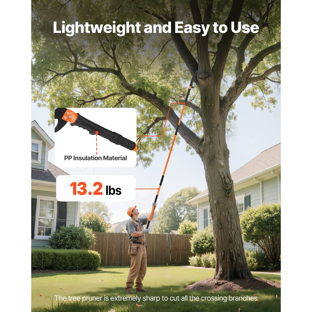 Manual Pole Saw, 4.46-26.4 ft Extendable Tree Pruner, Sharp 65Mn Steel Blade, Lightweight Fiberglass Handle Pole, Two Double-Hook Saws for High Branch Trimming, Pruning Tool for Palms, Shrubs
