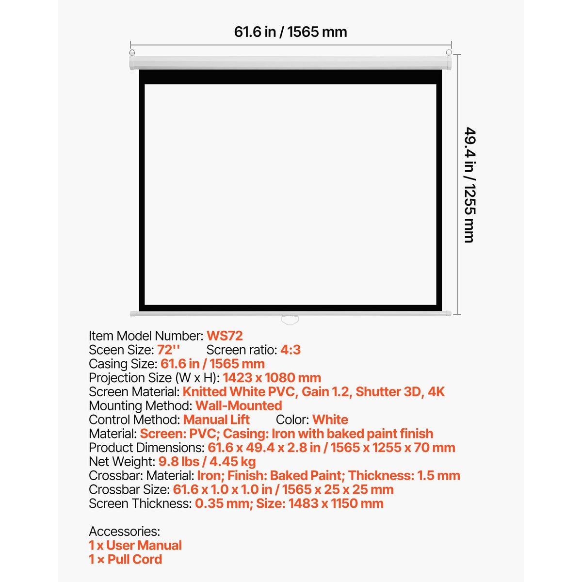 Manual Projector Screen, 72 inch 4:3 4K 1080 HD Retractable Pull Down Projector Screen, Wall Mounted Movie Projection with Pull Rope, Portable Display Projectoin for Family Home Office Theater