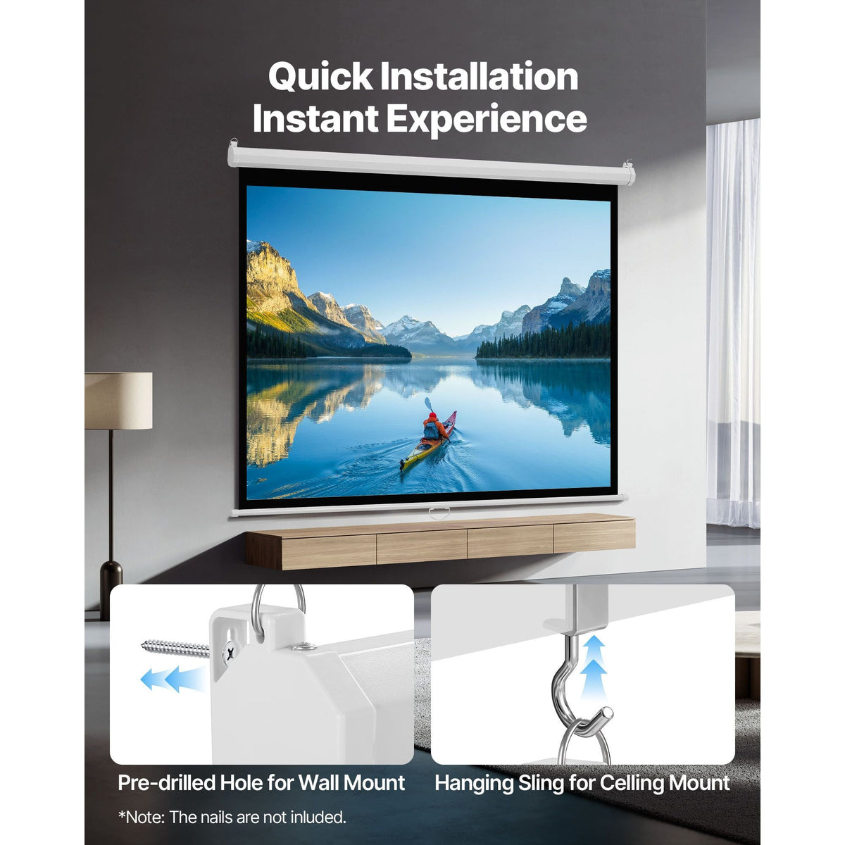 Manual Projector Screen, 72 inch 4:3 4K 1080 HD Retractable Pull Down Projector Screen, Wall Mounted Movie Projection with Pull Rope, Portable Display Projectoin for Family Home Office Theater