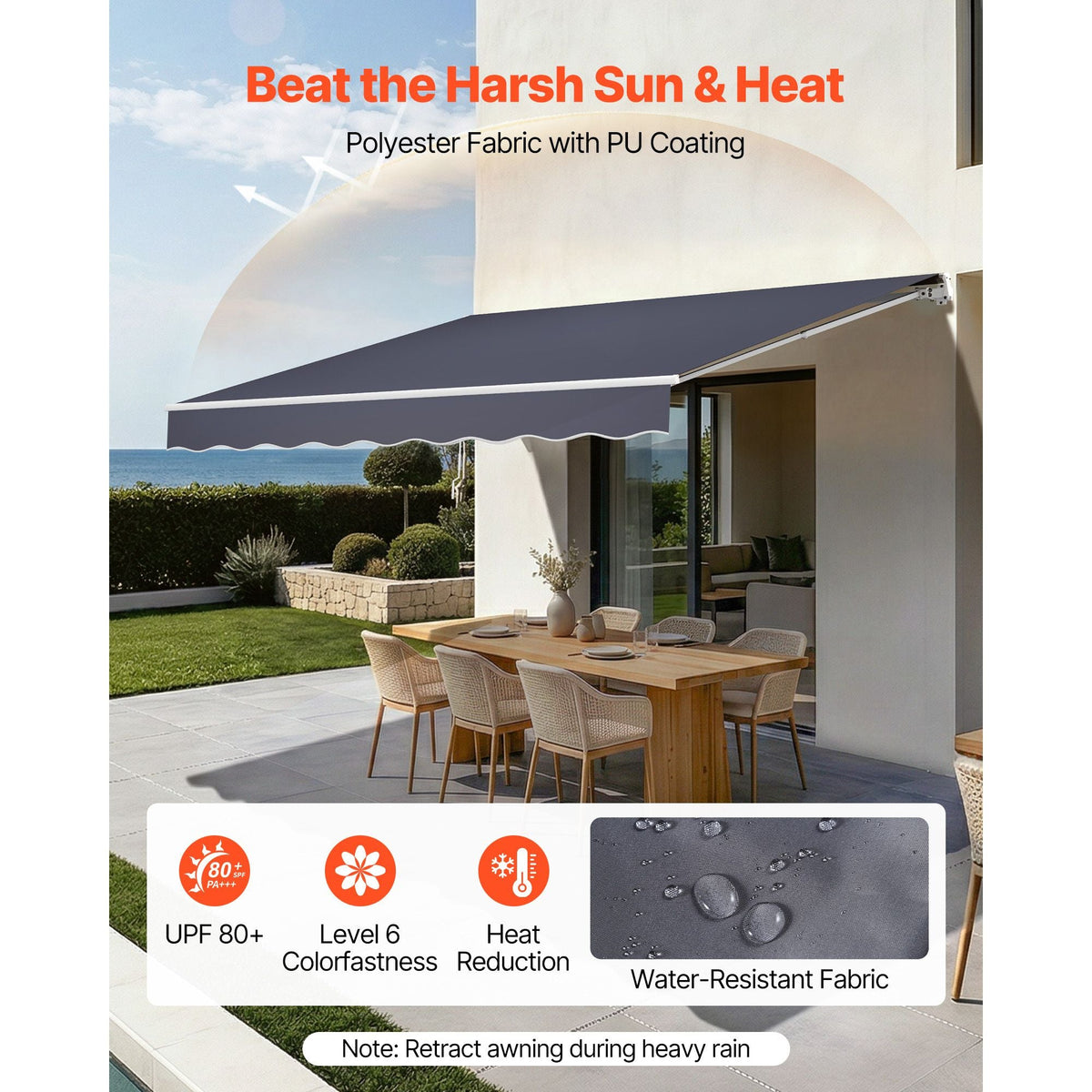 Manual Retractable Awning, 11.5' x 9.8' Outdoor Patio Awning Retractable Sun Shade, Patio Door Window Water-Resistant Polyester Sunshade Shelter with Crank Handle for Deck, Balcony, Yard, Gray