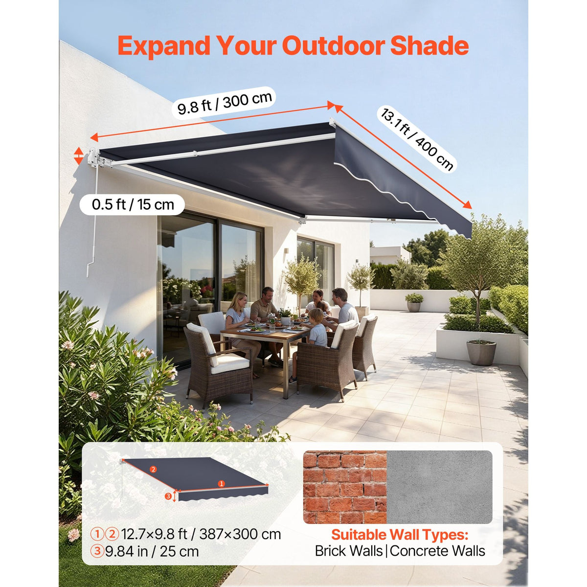 Manual Retractable Awning, 13.1' x 9.8' Outdoor Patio Awning Retractable Sun Shade, Patio Door Window Water-Resistant Polyester Sunshade Shelter with Crank Handle for Deck, Balcony, Yard, Gray