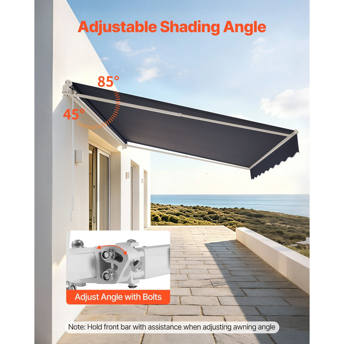 Manual Retractable Awning, 13.1' x 9.8' Outdoor Patio Awning Retractable Sun Shade, Patio Door Window Water-Resistant Polyester Sunshade Shelter with Crank Handle for Deck, Balcony, Yard, Gray