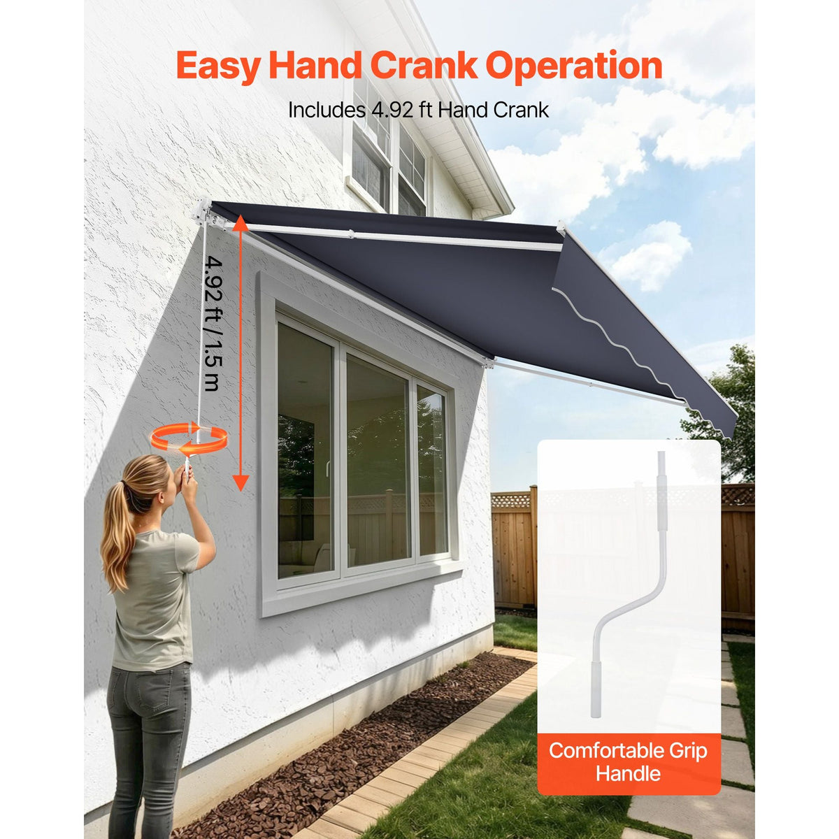Manual Retractable Awning, 13.1' x 9.8' Outdoor Patio Awning Retractable Sun Shade, Patio Door Window Water-Resistant Polyester Sunshade Shelter with Crank Handle for Deck, Balcony, Yard, Gray