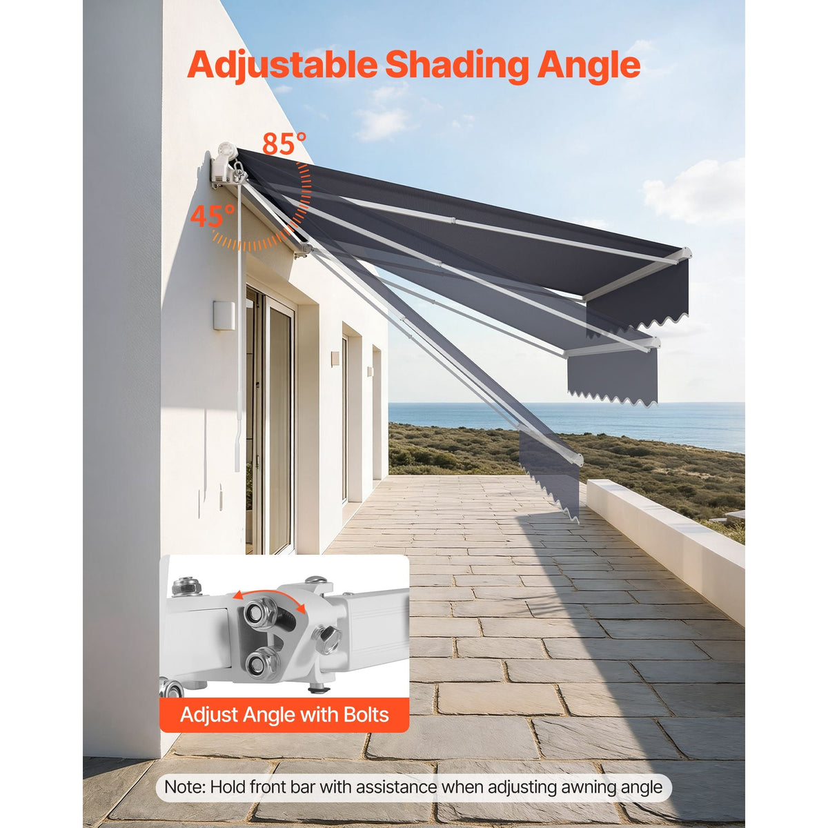 Manual Retractable Awning, 8.2' x 6.6' Outdoor Patio Awning Retractable Sun Shade, Patio Door Window Water-Resistant Polyester Sunshade Shelter with Crank Handle for Deck, Balcony, Yard, Gray