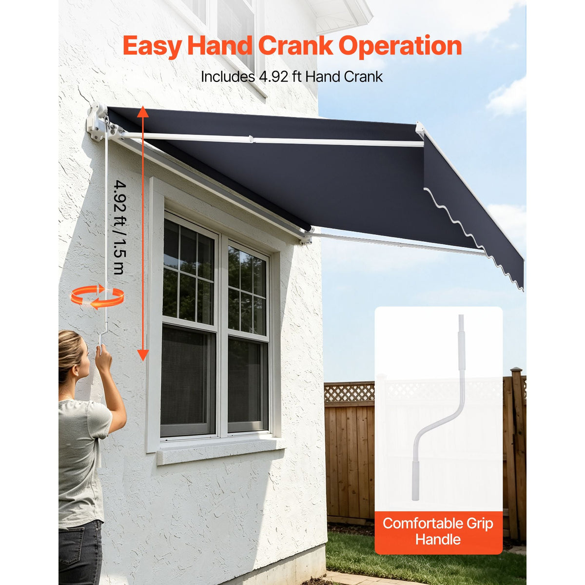 Manual Retractable Awning, 9.8' x 8.2' Outdoor Patio Awning Retractable Sun Shade, Patio Door Window Water-Resistant Polyester Sunshade Shelter with Crank Handle for Deck, Balcony, Yard, Gray