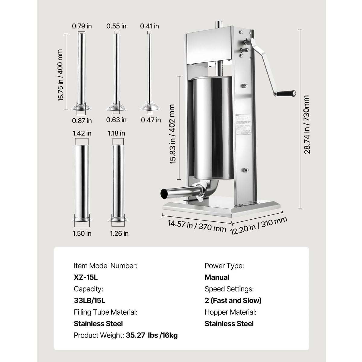 Manual Sausage Stuffer, 33 LBS / 15 L Vertical Meat Stuffer, Heavy Duty Sausage Casing Meat Stuffing Machine, Dual-Speed Stainless Steel Filler with 5 Filling Tubes, for Commercial and Home Use