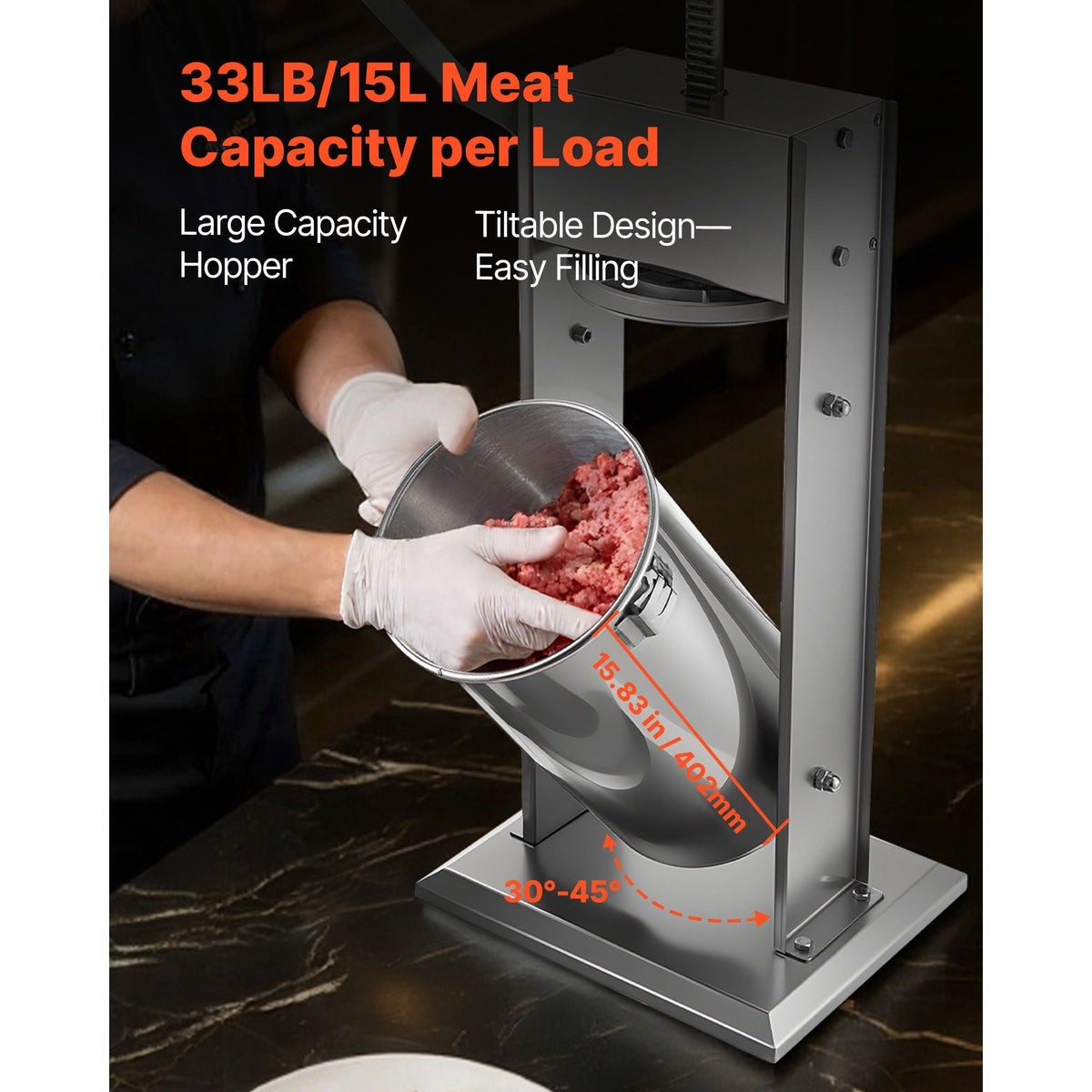 Manual Sausage Stuffer, 33 LBS / 15 L Vertical Meat Stuffer, Heavy Duty Sausage Casing Meat Stuffing Machine, Dual-Speed Stainless Steel Filler with 5 Filling Tubes, for Commercial and Home Use