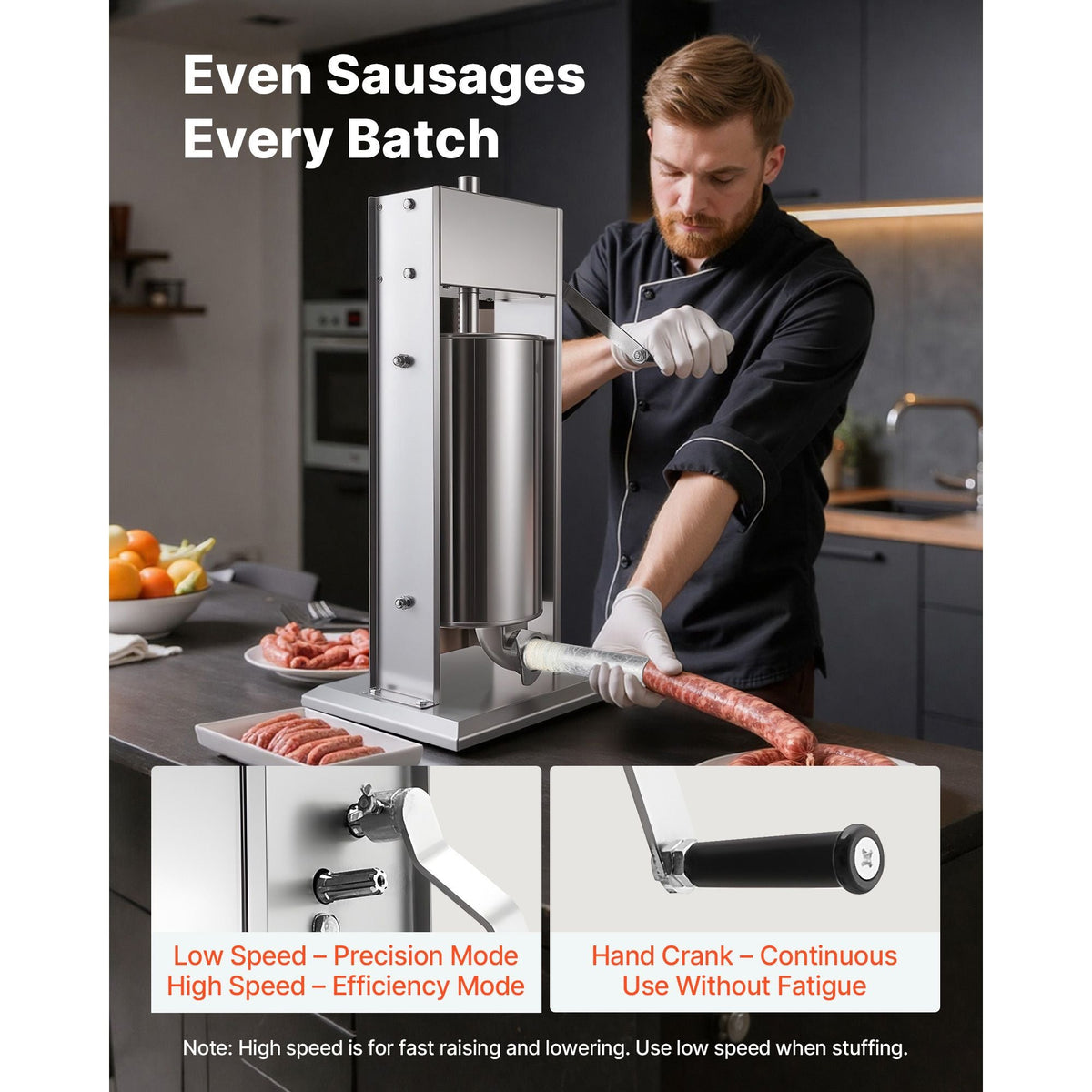 Manual Sausage Stuffer, 33 LBS / 15 L Vertical Meat Stuffer, Heavy Duty Sausage Casing Meat Stuffing Machine, Dual-Speed Stainless Steel Filler with 5 Filling Tubes, for Commercial and Home Use