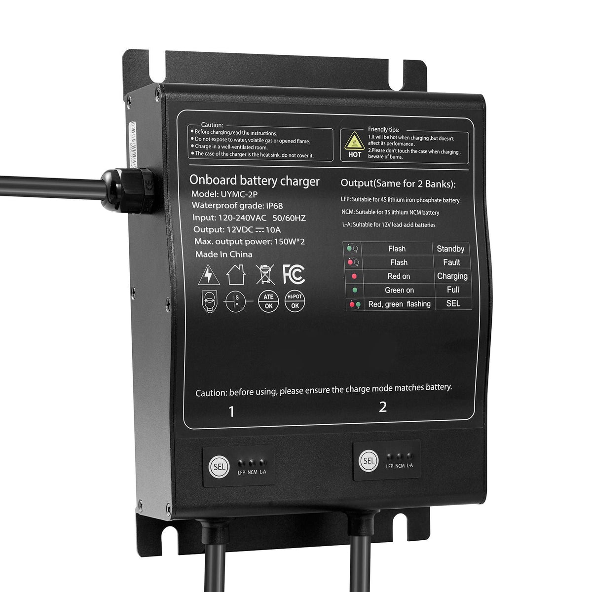 Marine Battery Charger, 2-Bank, 10A 12V Onboard Boat Charger, IP68 Waterproof Smart On-Board Battery Charger, for Lithium-Ion (LiFePO4), NCM, Lead-Acid Batteries, Large Boat, Yacht, RV, Trailer