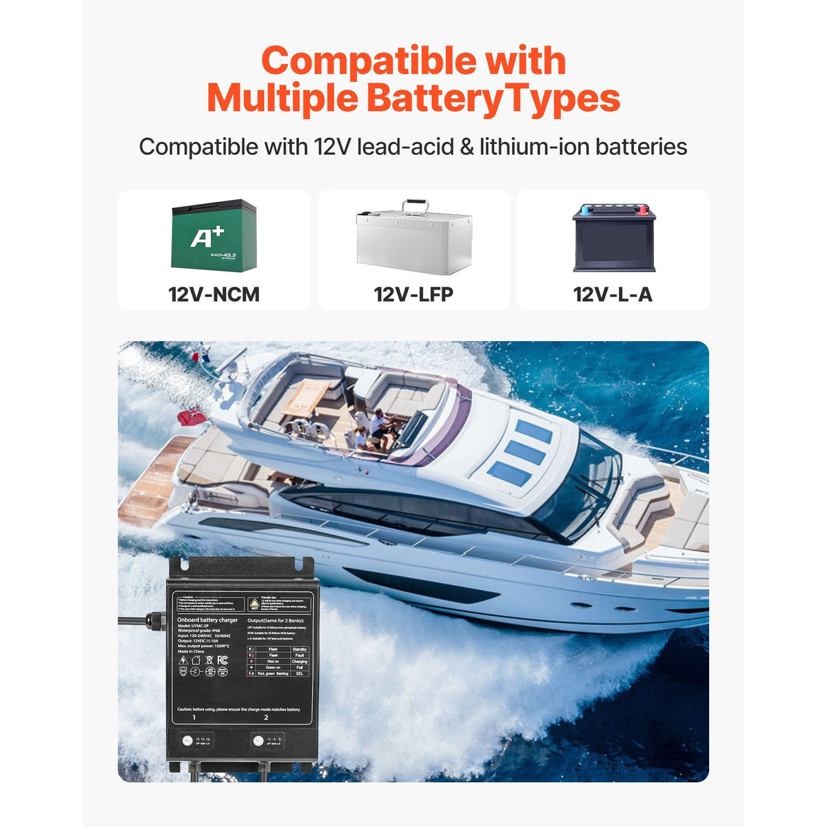 Marine Battery Charger, 2-Bank, 10A 12V Onboard Boat Charger, IP68 Waterproof Smart On-Board Battery Charger, for Lithium-Ion (LiFePO4), NCM, Lead-Acid Batteries, Large Boat, Yacht, RV, Trailer