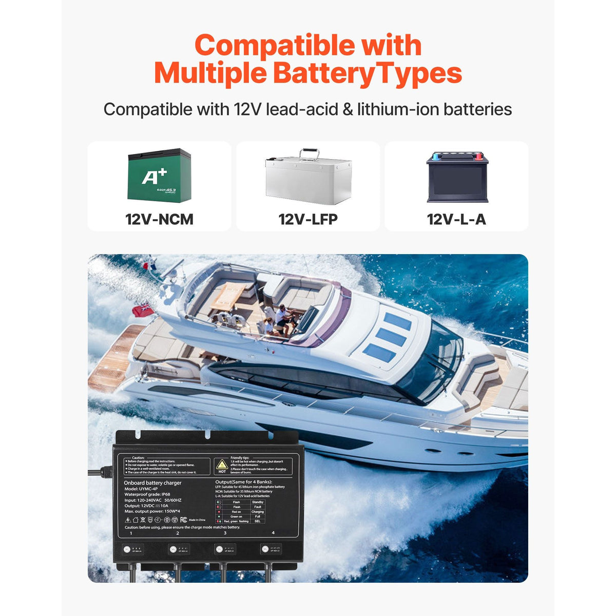 Marine Battery Charger, 4-Bank, 10A 12V Onboard Boat Charger, IP68 Waterproof Smart On-Board Battery Charger, for Lithium-Ion (LiFePO4), NCM, Lead-Acid Batteries, Large Boat, Yacht, RV, Trailer