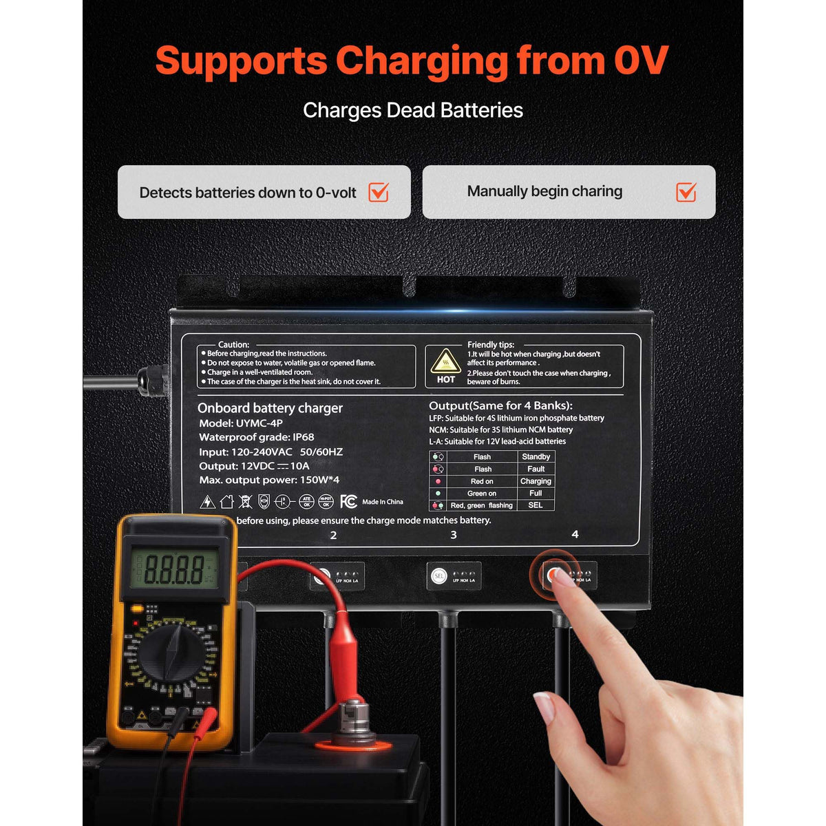 Marine Battery Charger, 4-Bank, 10A 12V Onboard Boat Charger, IP68 Waterproof Smart On-Board Battery Charger, for Lithium-Ion (LiFePO4), NCM, Lead-Acid Batteries, Large Boat, Yacht, RV, Trailer