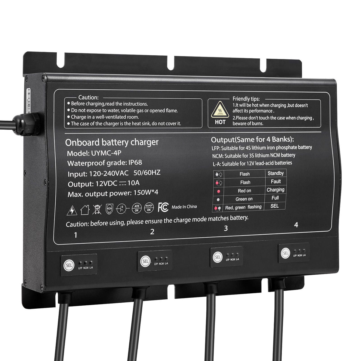 Marine Battery Charger, 4-Bank, 10A 12V Onboard Boat Charger, IP68 Waterproof Smart On-Board Battery Charger, for Lithium-Ion (LiFePO4), NCM, Lead-Acid Batteries, Large Boat, Yacht, RV, Trailer