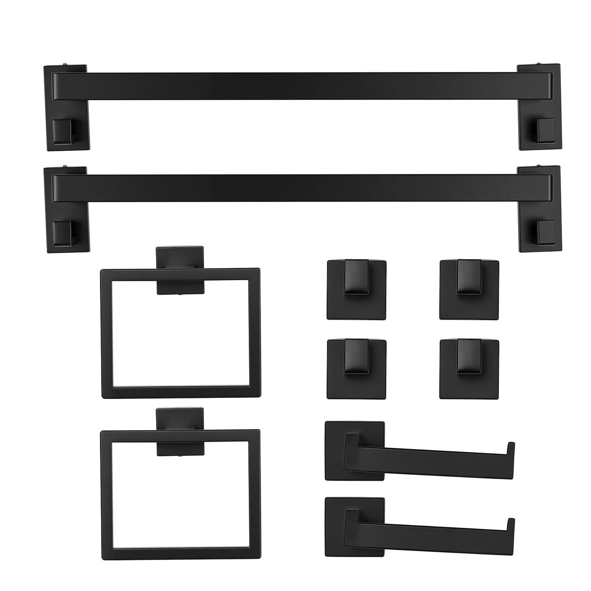 Matte Black Bathroom Hardware Set, 10-Piece Bathroom Accessories Set, 2 Stainless Steel 24-in Towel Bars, 2 Towel Racks, 4 Robe Towel Hooks, 2 Toilet Paper Holders for Bath Room, Wall Mounted