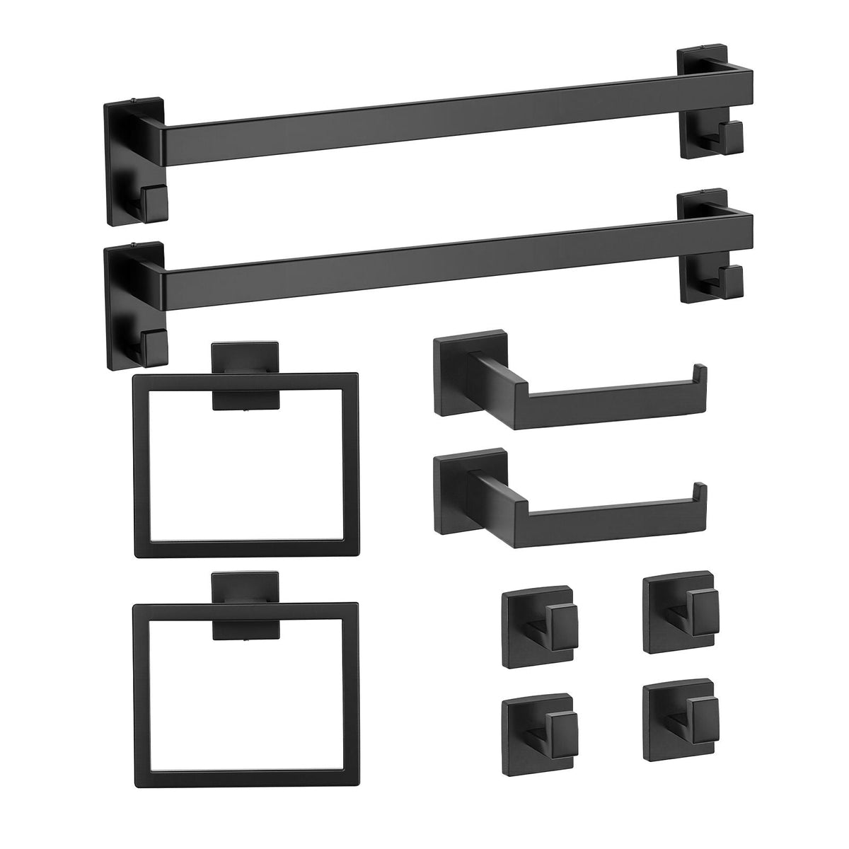 Matte Black Bathroom Hardware Set, 10-Piece Bathroom Accessories Set, 2 Stainless Steel 24-in Towel Bars, 2 Towel Racks, 4 Robe Towel Hooks, 2 Toilet Paper Holders for Bath Room, Wall Mounted