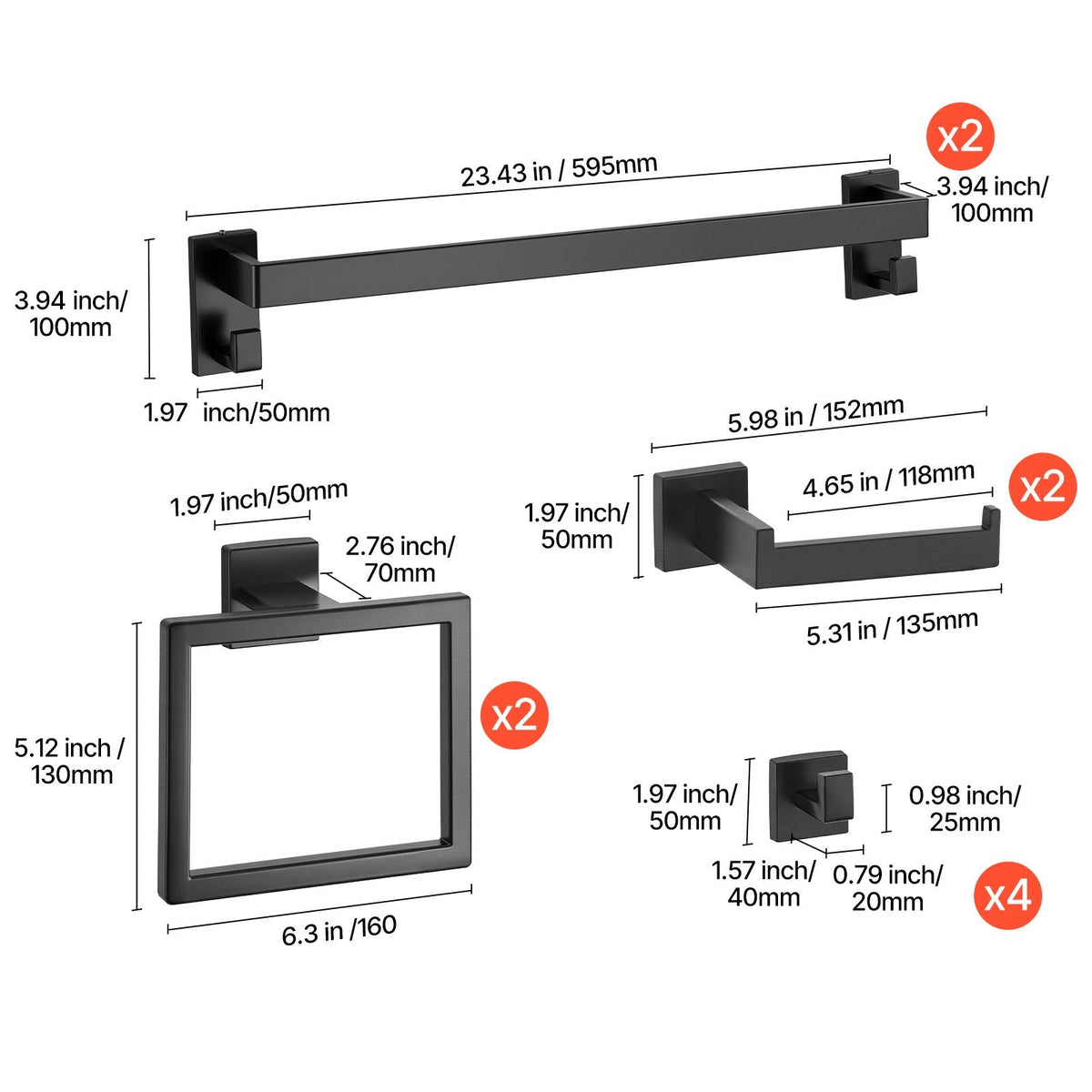 Matte Black Bathroom Hardware Set, 10-Piece Bathroom Accessories Set, 2 Stainless Steel 24-in Towel Bars, 2 Towel Racks, 4 Robe Towel Hooks, 2 Toilet Paper Holders for Bath Room, Wall Mounted