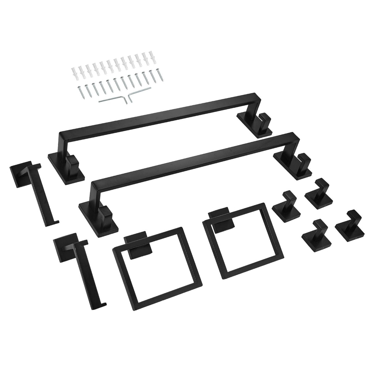 Matte Black Bathroom Hardware Set, 10-Piece Bathroom Accessories Set, 2 Stainless Steel 24-in Towel Bars, 2 Towel Racks, 4 Robe Towel Hooks, 2 Toilet Paper Holders for Bath Room, Wall Mounted