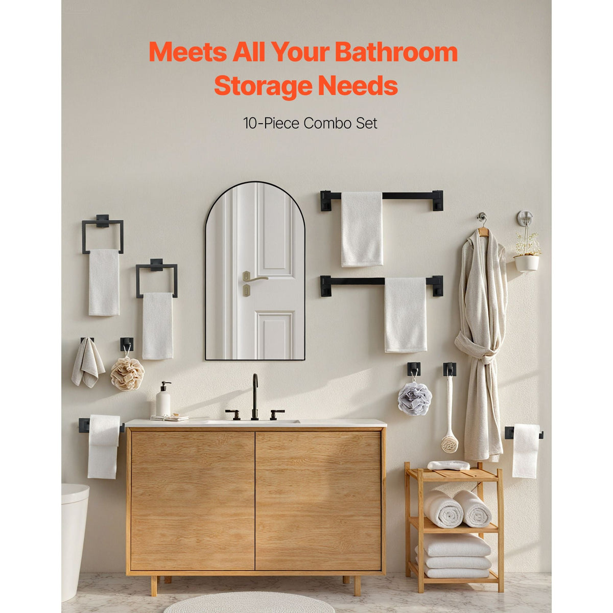 Matte Black Bathroom Hardware Set, 10-Piece Bathroom Accessories Set, 2 Stainless Steel 24-in Towel Bars, 2 Towel Racks, 4 Robe Towel Hooks, 2 Toilet Paper Holders for Bath Room, Wall Mounted