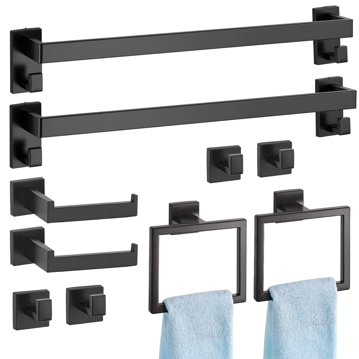 Matte Black Bathroom Hardware Set, 10-Piece Bathroom Accessories Set, 2 Stainless Steel 24-in Towel Bars, 2 Towel Racks, 4 Robe Towel Hooks, 2 Toilet Paper Holders for Bath Room, Wall Mounted