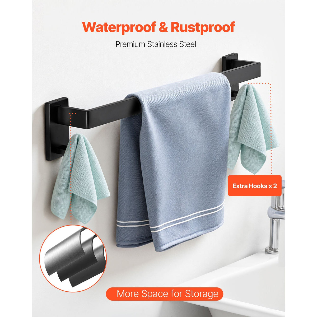Matte Black Bathroom Hardware Set, 10-Piece Bathroom Accessories Set, 2 Stainless Steel 24-in Towel Bars, 2 Towel Racks, 4 Robe Towel Hooks, 2 Toilet Paper Holders for Bath Room, Wall Mounted