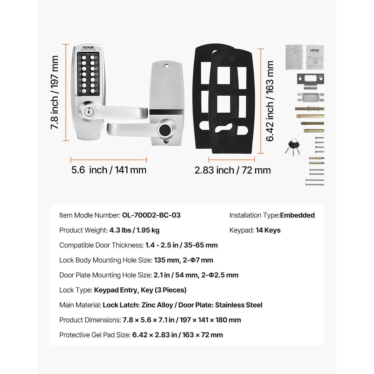 Mechanical Keyless Entry Door Lock, 14 Key Mechanical Door Lock with Keys, Mechanical Keypad Door Lock with Handle, Stainless Steel Waterproof Keyless Gate Lock, for Home Office Outdoor Garage