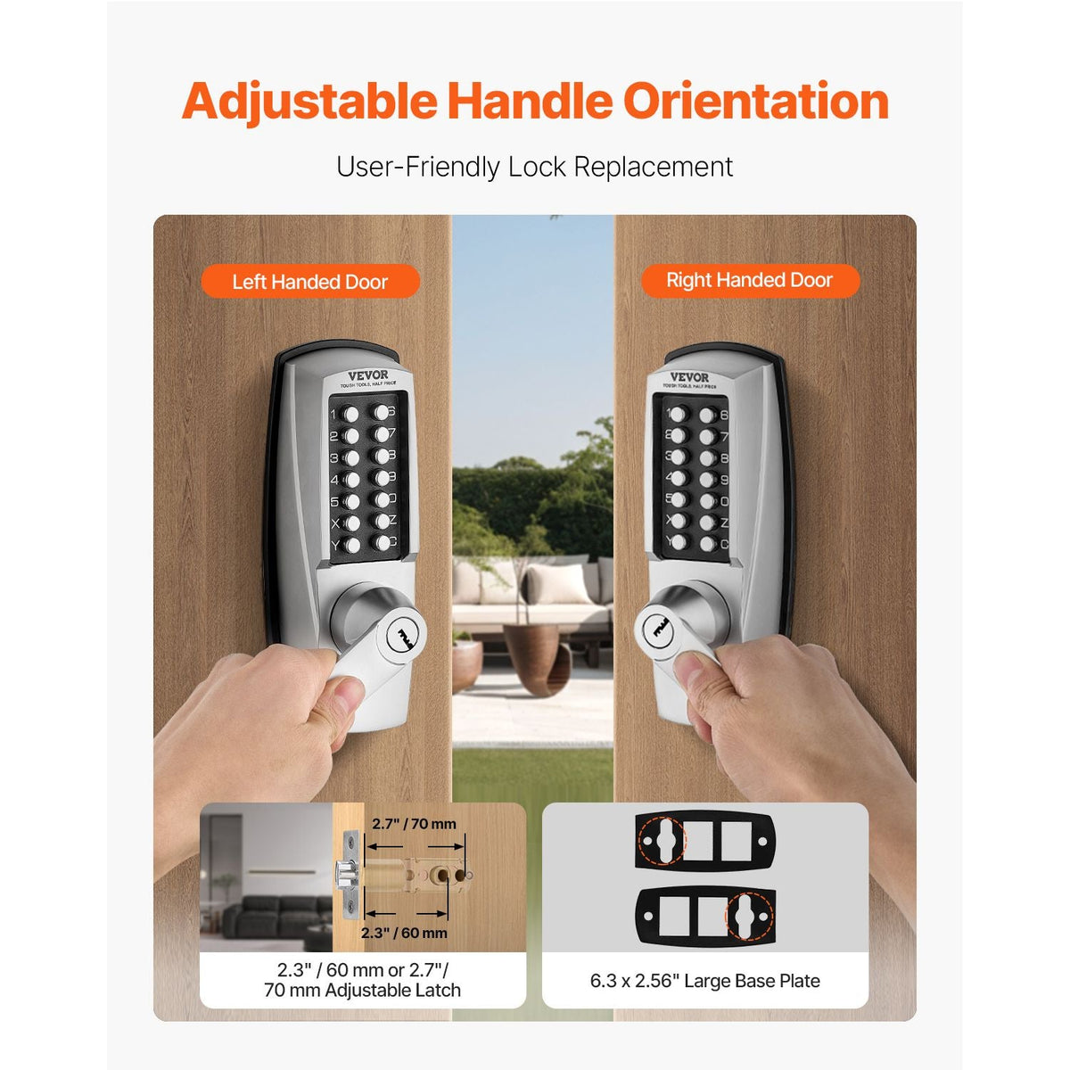 Mechanical Keyless Entry Door Lock, 14 Key Mechanical Door Lock with Keys, Mechanical Keypad Door Lock with Handle, Stainless Steel Waterproof Keyless Gate Lock, for Home Office Outdoor Garage